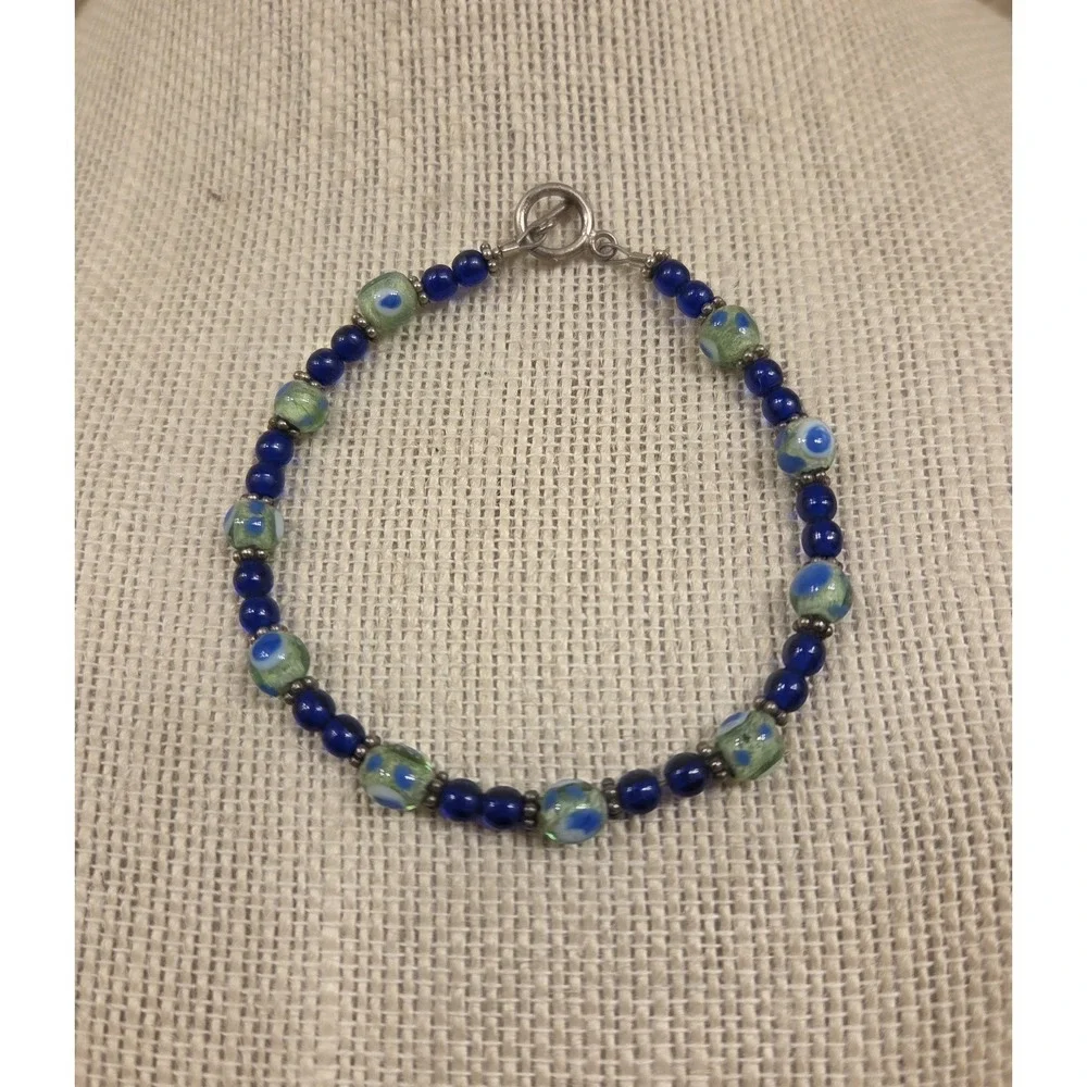Sterling Silver & Murano Glass Bead Bracelet Toggle Clasp 7.5" - Picture 1 of 4